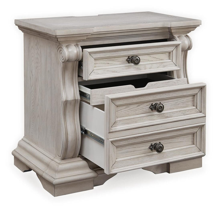 Andonhall California King Upholstered Panel Bed with Mirrored Dresser and Nightstand