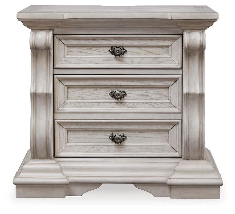 Andonhall California King Upholstered Panel Bed with Mirrored Dresser and Nightstand