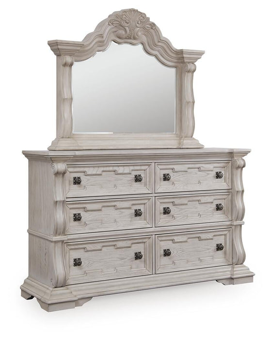 Andonhall King Upholstered Panel Bed with Mirrored Dresser