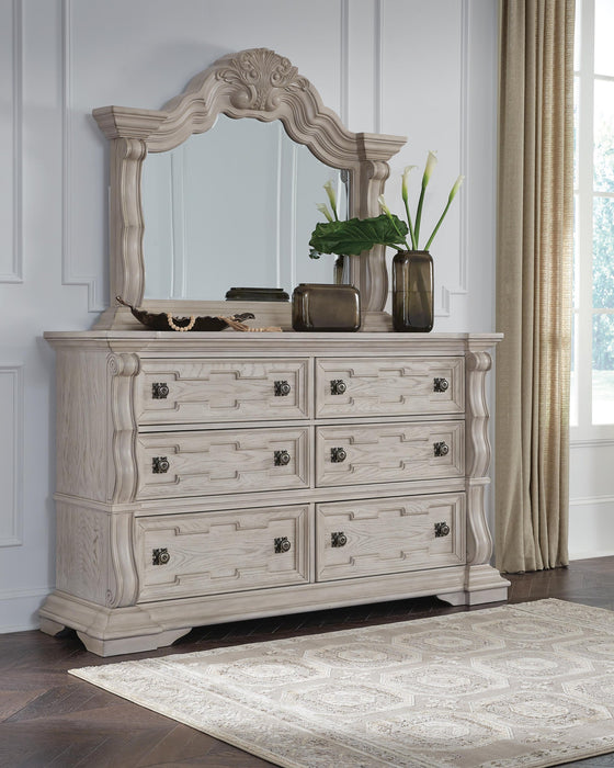 Andonhall King Upholstered Panel Bed with Mirrored Dresser